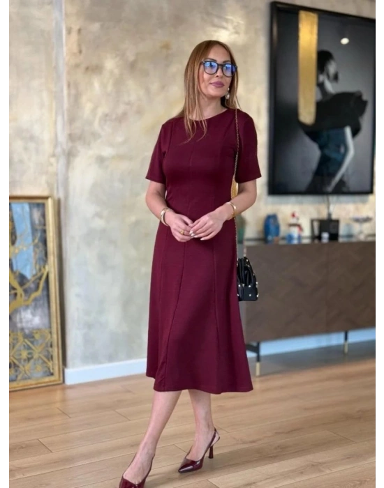 Kadın Kısa Kollu Bisiklet Yaka Midi Viskon Iki Iplik Elbise