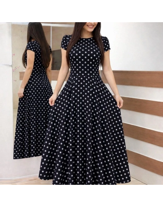 Kadın Kısa Kollu Bisiklet Yaka Puantiyeli Maksi örme Krep Elbise