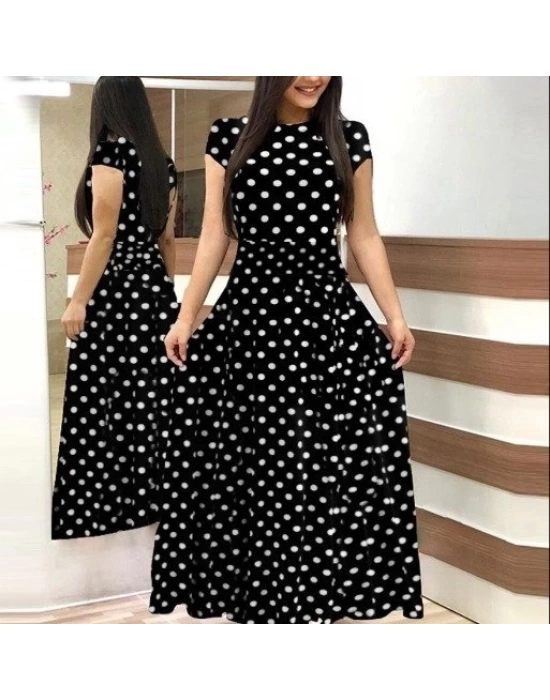 Kadın Kısa Kollu Bisiklet Yaka Puantiyeli Maksi örme Krep Elbise