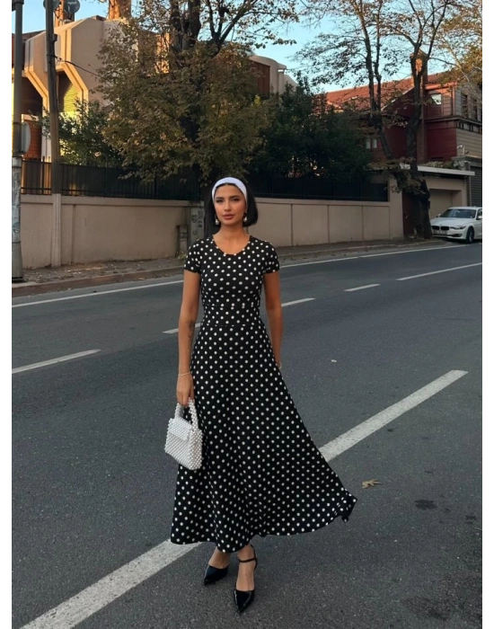 Kadın Kısa Kollu Bisiklet Yaka Puantiyeli Maksi örme Krep Elbise