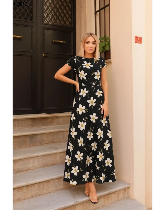 Kadın Kısa Kollu Bisiklet Yaka Puantiyeli Maksi örme Krep Elbise