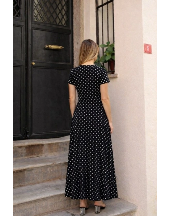 Kadın Kısa Kollu Bisiklet Yaka Puantiyeli Maksi örme Krep Elbise