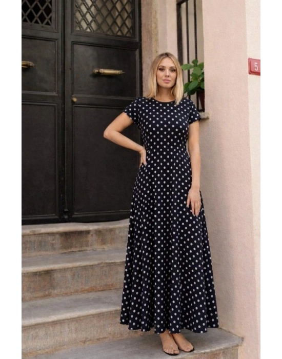 Kadın Kısa Kollu Bisiklet Yaka Puantiyeli Maksi örme Krep Elbise