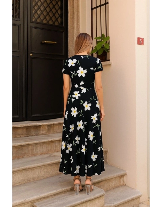 Kadın Kısa Kollu Bisiklet Yaka Puantiyeli Maksi örme Krep Elbise