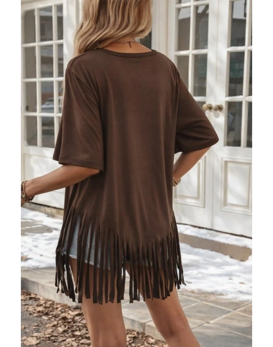 Kadın Kısa Kollu Bisiklet Yaka Püsküllü Viskon Bluz