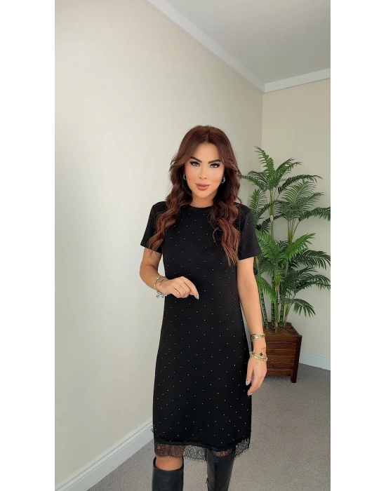 Kadın Kısa Kollu Bisiklet Yaka Taş Ve Dantel Detay Midi Boy Elbise