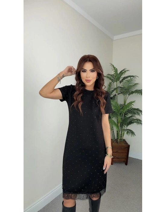 Kadın Kısa Kollu Bisiklet Yaka Taş Ve Dantel Detay Midi Boy Elbise