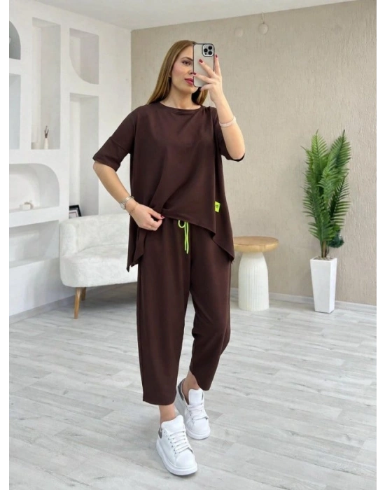Kadın Kısa Kollu Bisiklet Yaka Viskon Iki Iplik Bluz Ve Pantolon Ikili Takım
