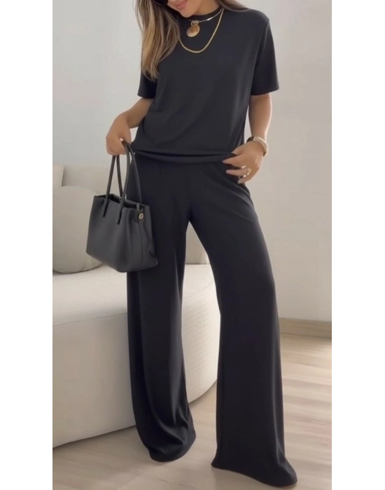 Kadın Kısa Kollu Bisiklet Yaka Viskon Iki Iplik Bluz Ve Pantolon Ikili Takım
