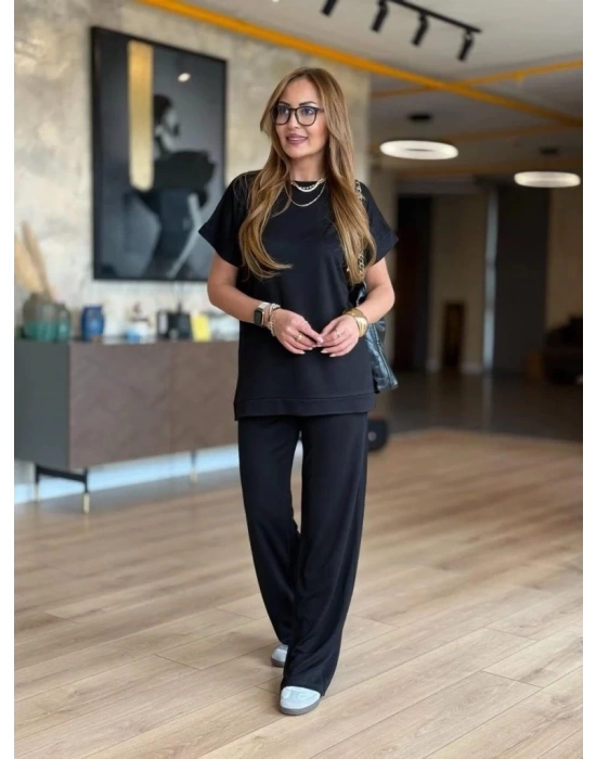 Kadın Kısa Kollu Bisiklet Yaka Viskon Iki Iplik Bluz Ve Pantolon Ikili Takım