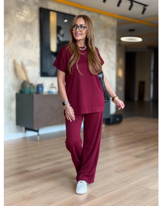 Kadın Kısa Kollu Bisiklet Yaka Viskon Iki Iplik Bluz Ve Pantolon Ikili Takım