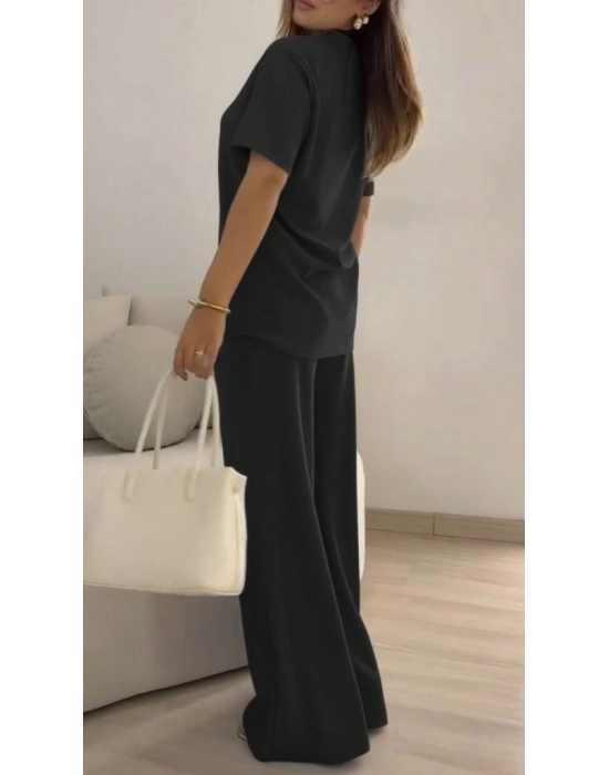 Kadın Kısa Kollu Bisiklet Yaka Viskon Iki Iplik Bluz Ve Pantolon Ikili Takım
