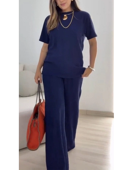 Kadın Kısa Kollu Bisiklet Yaka Viskon Iki Iplik Bluz Ve Pantolon Ikili Takım