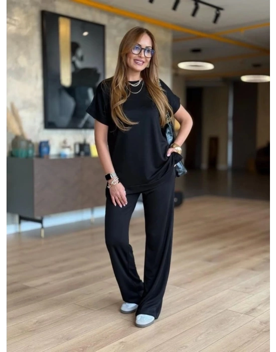 Kadın Kısa Kollu Bisiklet Yaka Viskon Iki Iplik Bluz Ve Pantolon Ikili Takım