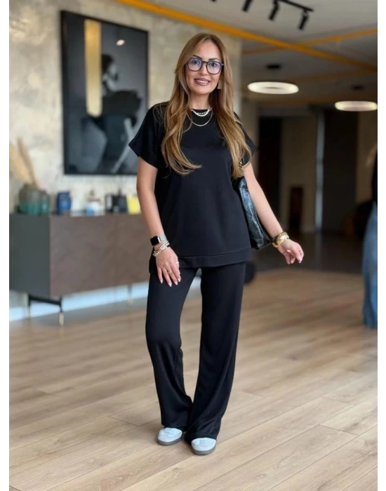 Kadın Kısa Kollu Bisiklet Yaka Viskon Iki Iplik Bluz Ve Pantolon Ikili Takım
