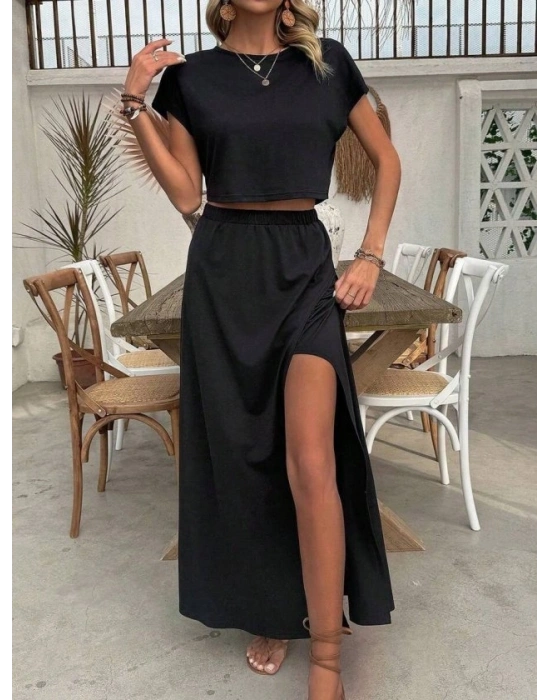 Kadın Kısa Kollu Bisiklet Yaka Viskon Krop Bluz Ve Uzun Etek Ikili Takım