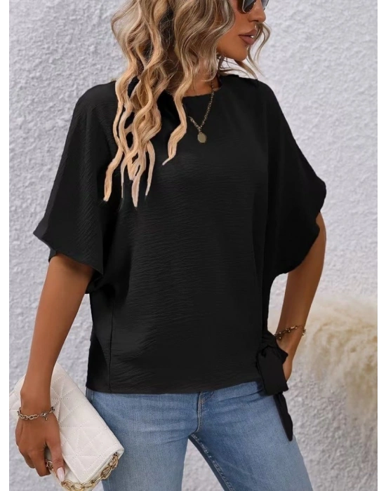 Kadın Kısa Kollu Bisiklet Yaka Yandan Bağcıklı Aerobin Bluz