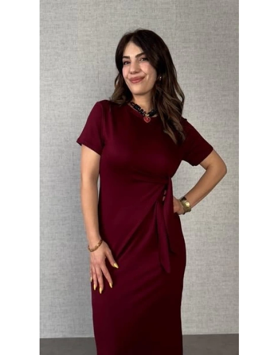 Kadın Kısa Kollu Bisiklet Yaka Yandan Bağlamalı Viskon Iki Iplik Elbise