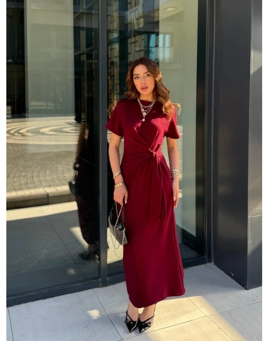 Kadın Kısa Kollu Bisiklet Yaka Yandan Bağlamalı Viskon Iki Iplik Elbise