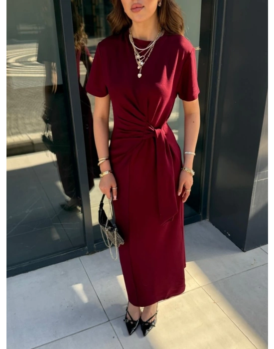 Kadın Kısa Kollu Bisiklet Yaka Yandan Bağlamalı Viskon Iki Iplik Elbise