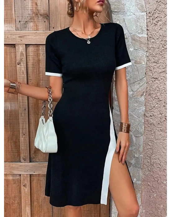 Kadın Kısa Kollu Bisiklet Yaka Yandan Yırtmaçlı Renkli şerit Detay Janjan Krep Elbise