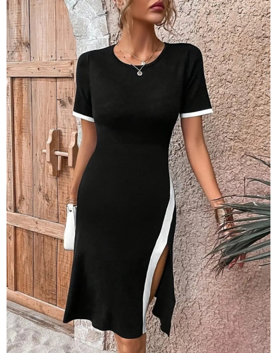 Kadın Kısa Kollu Bisiklet Yaka Yandan Yırtmaçlı Renkli şerit Detay Janjan Krep Elbise