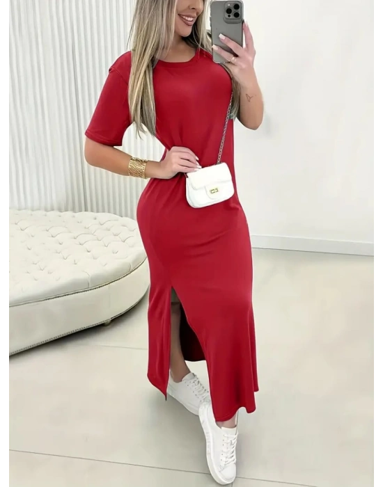 Kadın Kısa Kollu Bisiklet Yaka Yandan Yırtmaçlı Viskon Elbise