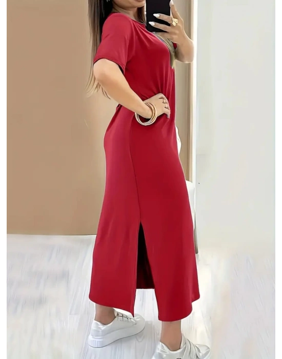 Kadın Kısa Kollu Bisiklet Yaka Yandan Yırtmaçlı Viskon Elbise