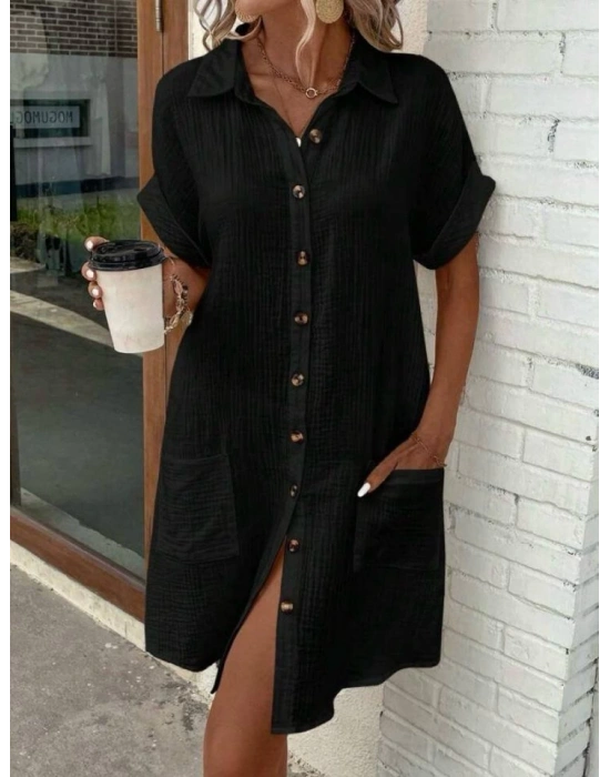 Kadın Kısa Kollu Bisiklet Yaka Yandan Yırtmaçlı Viskon Midi Elbise