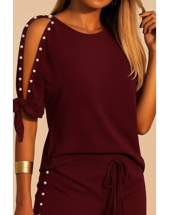 Kadın Kısa Kollu Bisiklet Yaka Yarı Açık Omuz Inci Detaylı Short T-shirt Viskon Ikili Takım