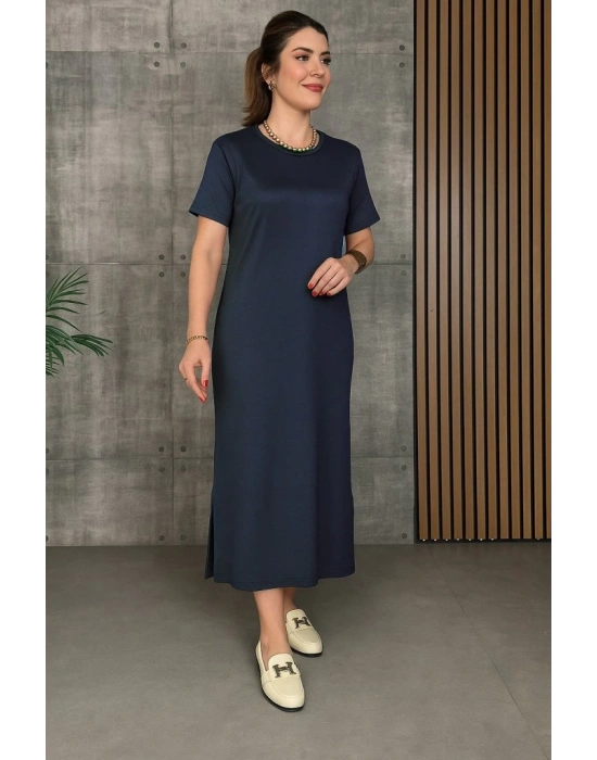 Kadın Kısa Kollu Bisiklet Yaka Yırtmaçlı Viskon Iki Iplik Elbise