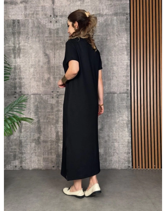 Kadın Kısa Kollu Bisiklet Yaka Yırtmaçlı Viskon Iki Iplik Elbise