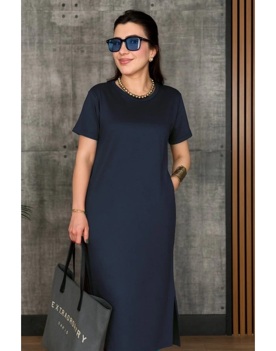 Kadın Kısa Kollu Bisiklet Yaka Yırtmaçlı Viskon Iki Iplik Elbise