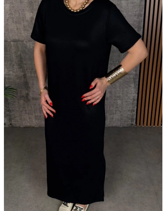 Kadın Kısa Kollu Bisiklet Yaka Yırtmaçlı Viskon Iki Iplik Elbise