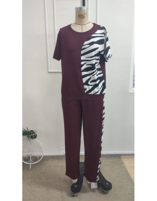 Kadın Kısa Kollu Bisiklet Yaka Zebra Desen Bluz Ve Pantolon Ikili Takım