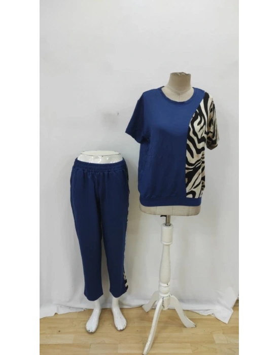 Kadın Kısa Kollu Bisiklet Yaka Zebra Desen Bluz Ve Pantolon Ikili Takım