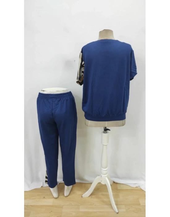 Kadın Kısa Kollu Bisiklet Yaka Zebra Desen Bluz Ve Pantolon Ikili Takım