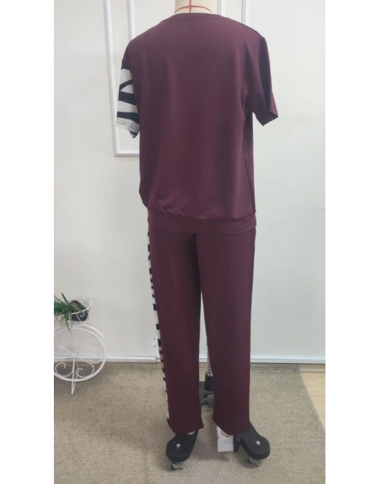 Kadın Kısa Kollu Bisiklet Yaka Zebra Desen Bluz Ve Pantolon Ikili Takım