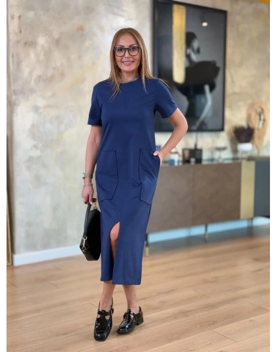 Kadın Kısa Kollu Bisiklet Yakalı Cepli önden Yırtmaçlı Viskon Iki Iplik Midi Elbise