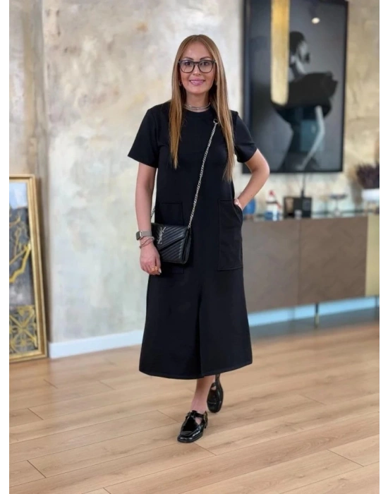 Kadın Kısa Kollu Bisiklet Yakalı Cepli önden Yırtmaçlı Viskon Iki Iplik Midi Elbise