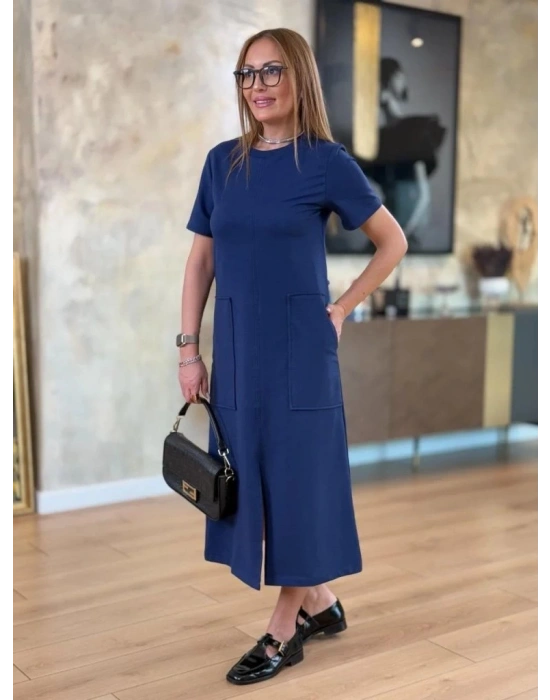 Kadın Kısa Kollu Bisiklet Yakalı Cepli önden Yırtmaçlı Viskon Iki Iplik Midi Elbise