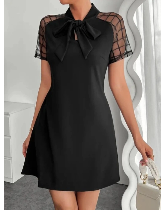 Kadın Kısa Kollu Boyundan Bağlamalı Omuzlarda Tül Detaylı Janjan Krep Elbise