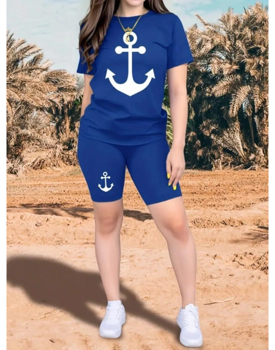 Kadın Kısa Kollu çapa Baskılı Viskon Ikili Takım