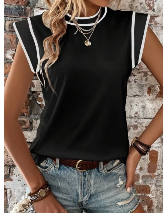 Kadın Kısa Kollu Daire Yakalı Viskon Bluz