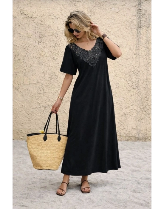 Kadın Kısa Kollu Dantel Güpür Detay V Yaka Maxi Boy Elbise