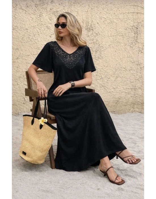 Kadın Kısa Kollu Dantel Güpür Detay V Yaka Maxi Boy Elbise