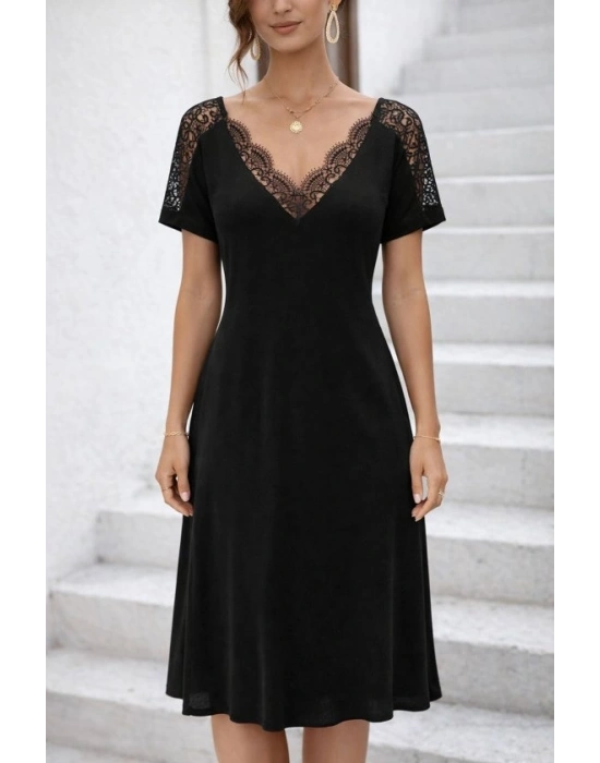 Kadın Kısa Kollu Dantel V Yakalı Midi Viskon Elbise