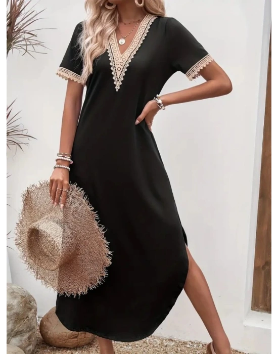 Kadın Kısa Kollu Dantel V Yakalı Uzun Viskon Elbise