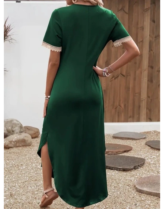 Kadın Kısa Kollu Dantel V Yakalı Uzun Viskon Elbise