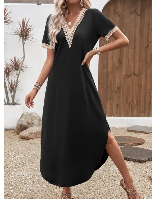 Kadın Kısa Kollu Dantel V Yakalı Uzun Viskon Elbise